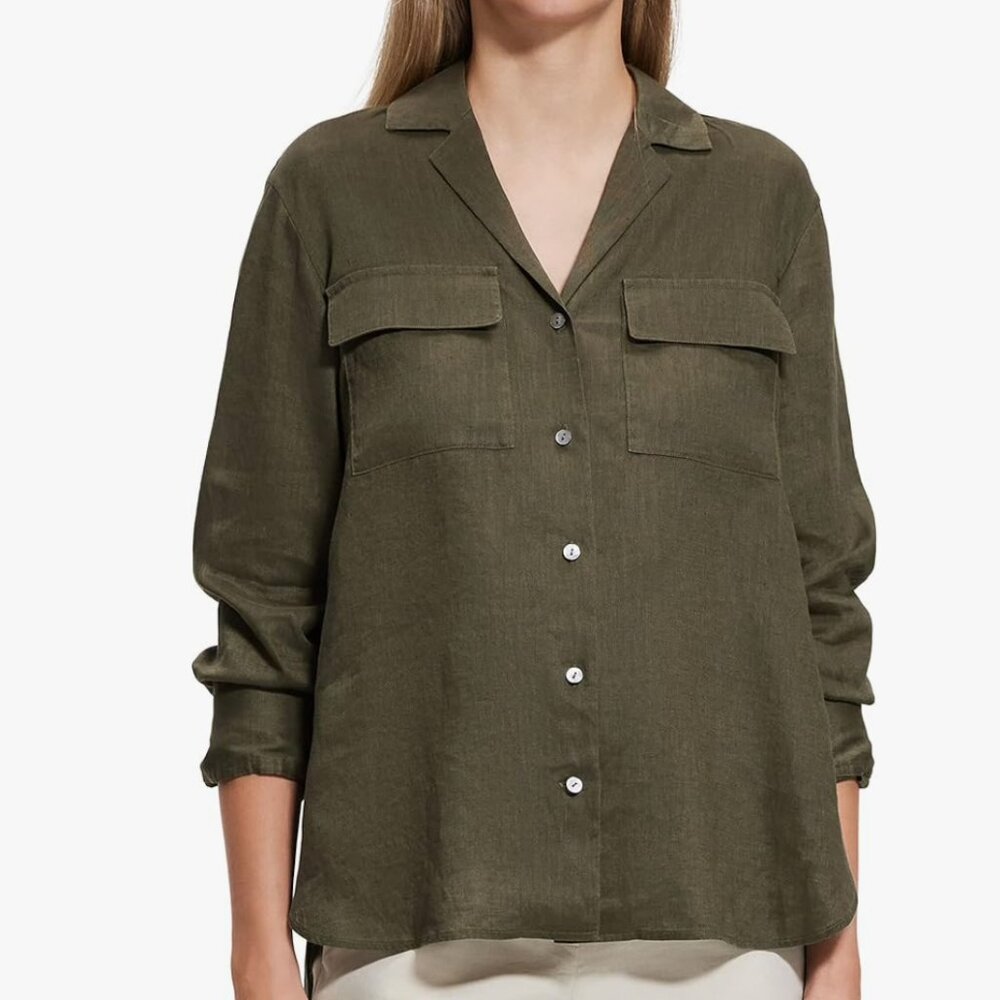 Women'sTheory linen blend notch button down shirt Medium  Dark Green NWT